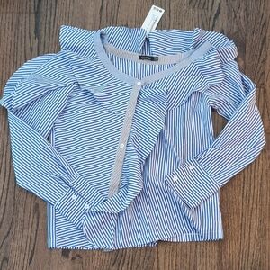 Blue and White Striped Asymmetric Ruffle Blouse